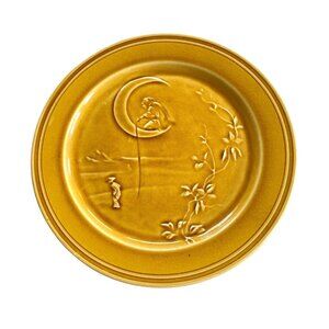 Antique Choisy-Le-Roi French Majolica Plate Moon Scene 8.5 Inches Caramel Glaze
